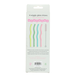 Back of colourful wiggly glass straws packaging with descriptions in multilingual.