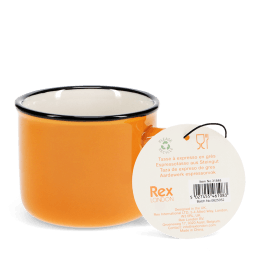 Espresso mug in orange with tag.