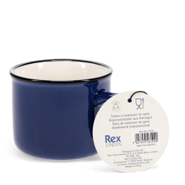 Stoneware espresso mug in dark blue with tag.