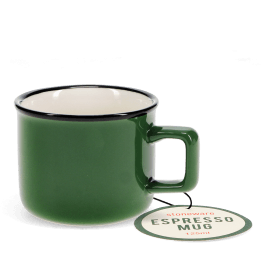 Stoneware espresso mug in green with tag.