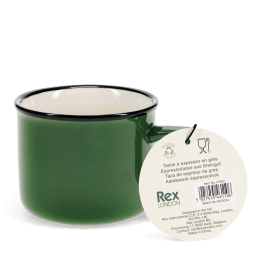 Stoneware espresso mug in green with tag.