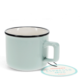 Stoneware espresso mug in light blue with tag.