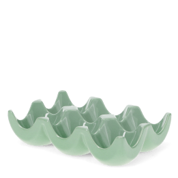 Green ceramic egg holder with six curved compartments for storing eggs