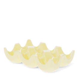 Yellow ceramic egg holder with six curved compartments for storing eggs
