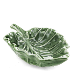 Green ceramic leaf-shaped trinket dish