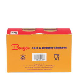 Back of Burger salt and pepper shakers packaging with printed barcode.