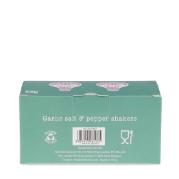 Back of garlic‑shaped salt and pepper shakers packaging with printed barcode.