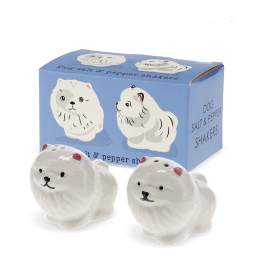 Dog‑shaped ceramic salt and pepper shakers with gift box.