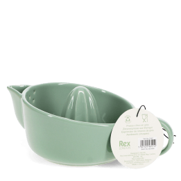 Green stoneware lemon squeezer with handle, spout and an attached product tag.