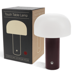 USB lamp with a white dome shade and brown base, shown next to its box