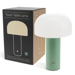 USB lamp with a white dome shade and green base, shown next to its box