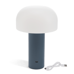 USB lamp with a white dome shade and blue base.