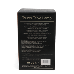 USB rechargeable lamp packaging box showing product information.
