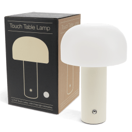 USB lamp with a white dome shade and grey base, shown next to its box
