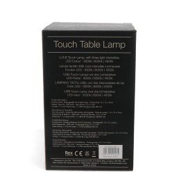 USB rechargeable lamp packaging box showing product information.
