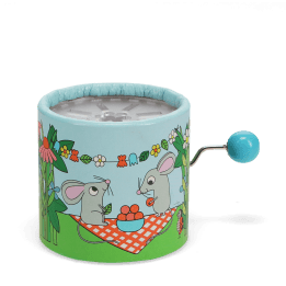 Garden‑themed winding music box with illustrated mice, flowers, and plants, featuring a blue turning handle.