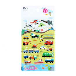 Sheet of colourful vehicle-themed puffy stickers featuring cars, trucks, trains, planes, and boats