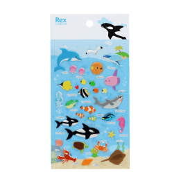 Sheet of colourful sea animal puffy stickers featuring dolphins, whales, fish, sharks, turtles and other ocean creatures.