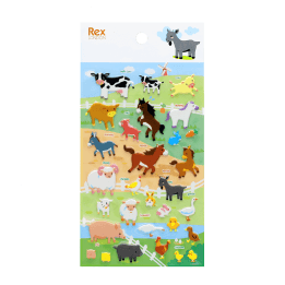 Sheet of colourful 3D puffy farm animal stickers including cows, pigs, sheep, horses, chickens, ducks .