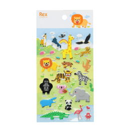 Sheet of colourful 3D puffy safari animal stickers featuring lions, giraffes, elephants, zebras, monkeys, crocodiles 