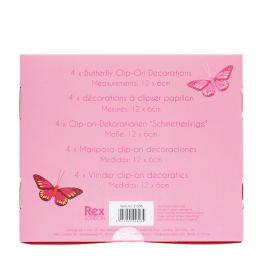 Back of  Butterfly clip decorations box with descriptions and barcode.