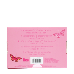 Back of butterfly clip-on decorations box showing with descriptions and barcode.