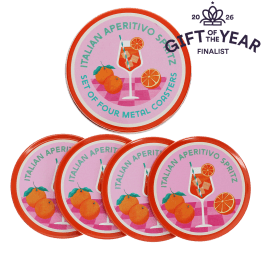 Four round coaster with Italian Aperitivo Spritz design and storage tin - gift of the year final list
