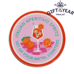 Four round coaster with Italian Aperitivo Spritz design in a storage tin - gift of the year final list