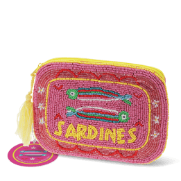 Pink beaded makeup bag with two colourful sardines and a yellow tassel with tag.