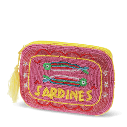 Pink beaded makeup bag with two colourful sardines and a yellow tassel.
