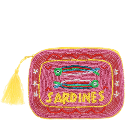 Pink beaded makeup bag with two colourful sardines and a yellow tassel.