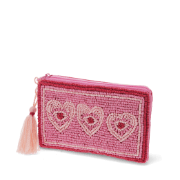 Pink beaded purse with three heart designs and a pale pink tassel.
