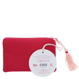 Back of pink beaded purse with tag.