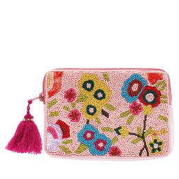 Pink beaded makeup bag with colourful floral designs and a bright pink tassel.