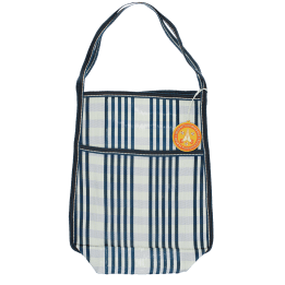 Blue and white striped woven bag with a front pocket, shoulder strap and a tag.