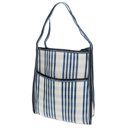 Blue and white striped woven bag with a front pocket and shoulder strap.