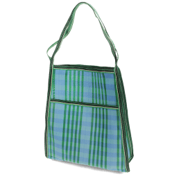 lue and green striped woven bag with a front pocket and matching shoulder strap.