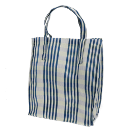 Blue and white striped woven shopping bag with handles.