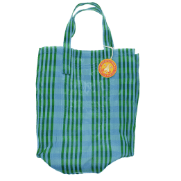 Green and blue striped woven shopping bag with handles and a tag.