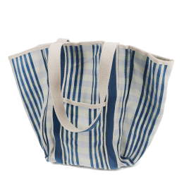 Blue and white striped woven tote bag with canvas handles.