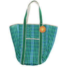 Blue and green striped woven tote bag with canvas handles and a tag.