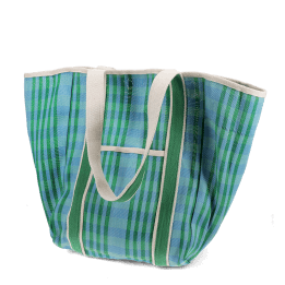 Blue and green striped woven tote bag with canvas handles.