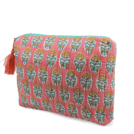 Pink quilted wash bag with orange and green flowers design.