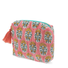 Pink quilted wash bag with orange and green flowers design.