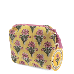 Yellow quilted cosmetic bag with a pink and green floral print and a pink tassel on the zip with tag.