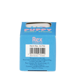 Back of Puppy Roller Stamp box showing the barcode and manufacturer details.