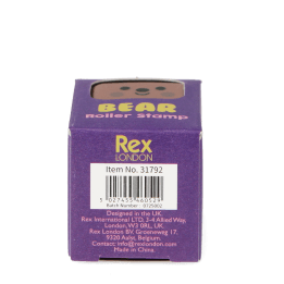 Back of the bear roller stamp box showing the barcode and manufacturer details.