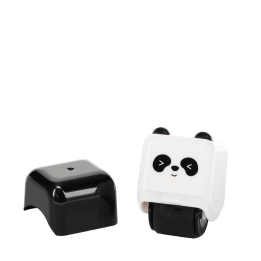 Panda-themed roller stamp with the cap removed, 