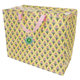 Yellow jumbo storage bag with a pink floral pattern and pink handles with tag.