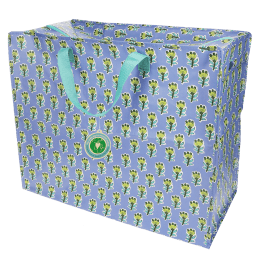 Large blue storage bag with green floral pattern and turquoise handles with tag.